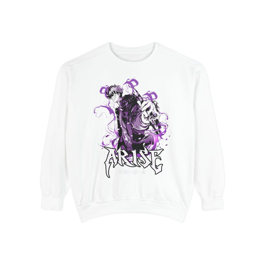 Sung Jin Woo Unisex Garment-Dyed Sweatshirt - 'Arise' Anime Graphic Design